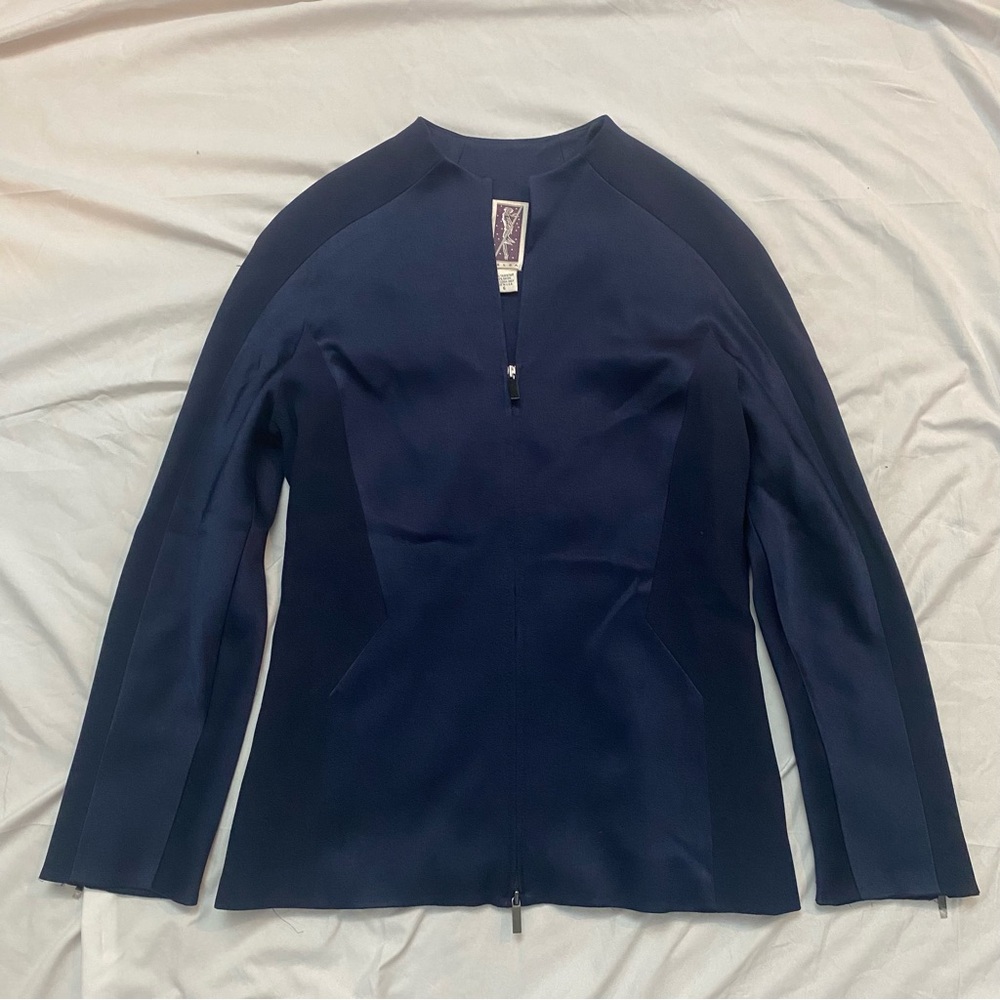 ZELDA Vintage 80s/90s Navy Blue Long Sleeve Zip-Up Fitted Jacket, Preppy Retro